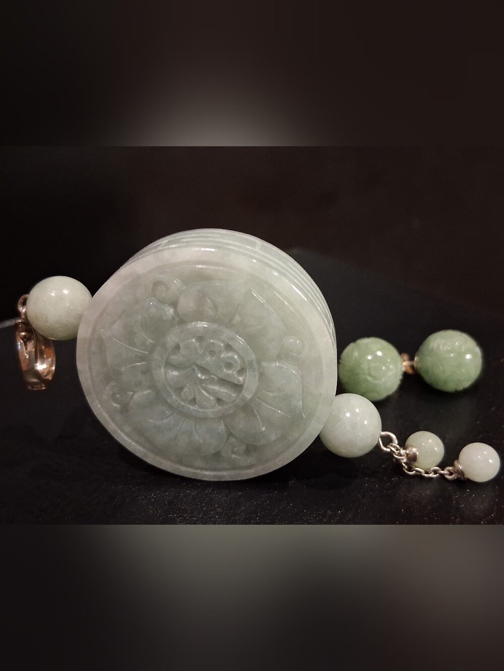 Sterling Silver Carved Green Jade Pendant Enhancer and 12mm Stud Earring Set VTG